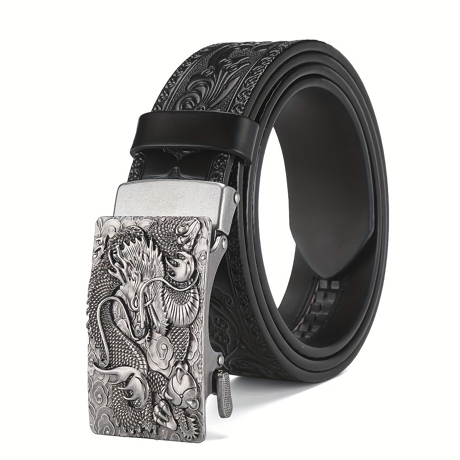 Dragon Head Leather Belt Men Intricate Carving Golden Buckle Brown Cowhide